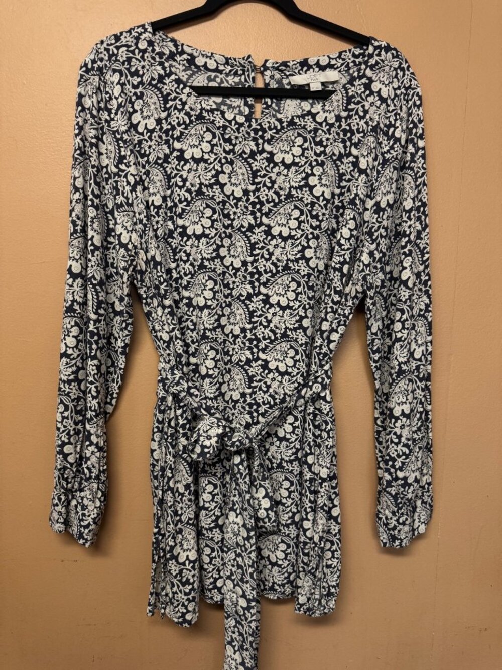 LOFT Plus 18 Navy Ivory Floral Paisley Tie Waist Blouse Long Sleeve Women’s